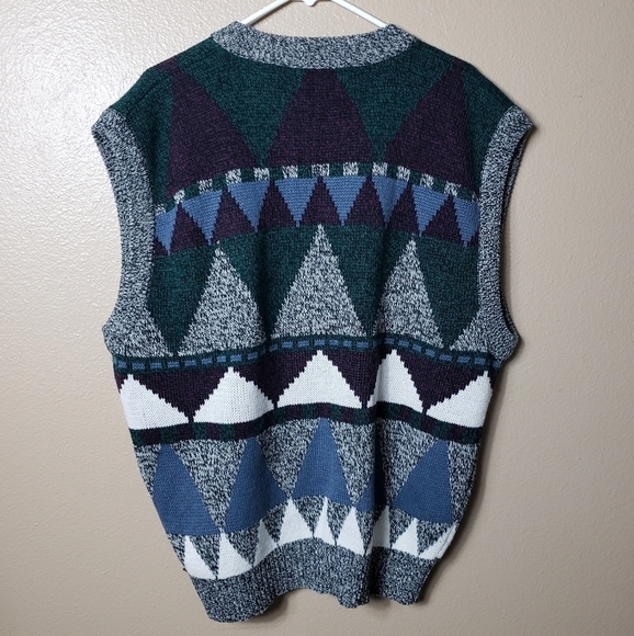 Vintage 80s Unisex Geometric Buttonfront Sweater Cardigan Vest-Size Men's XL - Picture 9 of 9